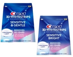 běl&iacute;c&iacute; p&aacute;sky na zuby Crest 3D Whitestrips SENSITIVE GENTLE s bělic&iacute; lampou a SENSITIVE BRIGHT + Whitening Light