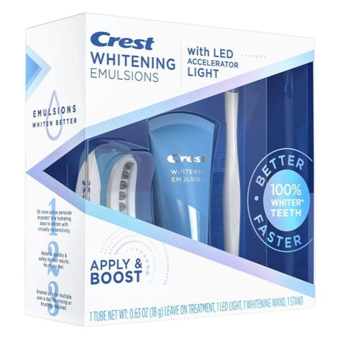 Pomačkaný obal - Bělicí gel na zuby Crest WHITENING EMULSIONS s aplikátorem, stojanem a bělicí lampou [-120 Kč]